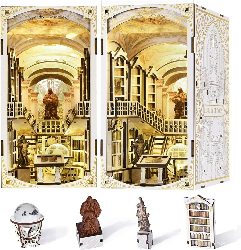 MiniCity Book Nook Kit, DIY Miniature Dollhouse Booknook Kit, 3D Wooden Puzzle Bookend Bookshelf Insert Decor with LED Light for Teens and Adults (Library of Gods) - Image 1